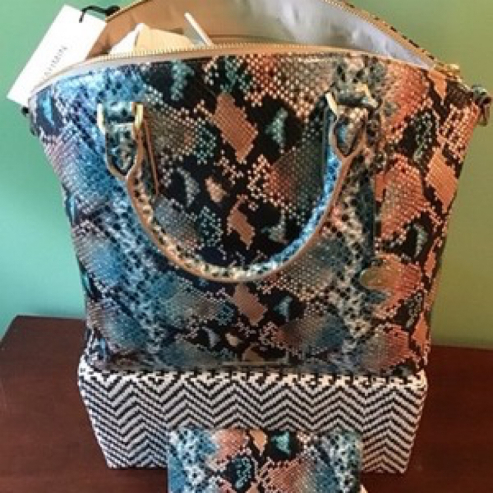 Brahmin Bailee Ocean Lilyana Tote Snake Print Leather Handbag Purse Tote Blues